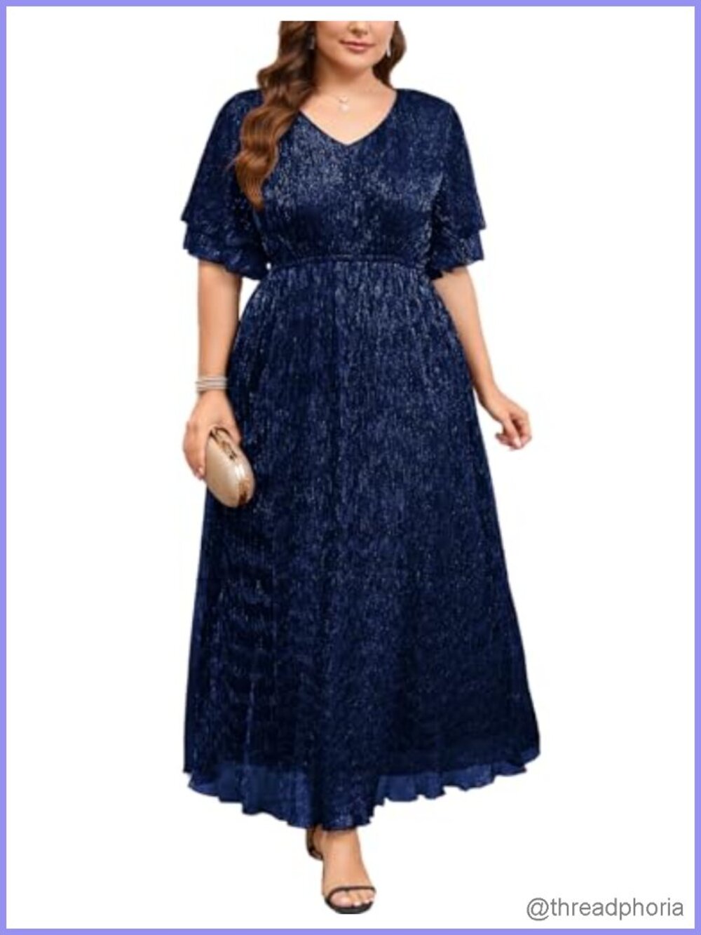 Plus Size Sparkly Mesh Maxi Formal Dress Ruffle Sleeves V Neck A-line Evening